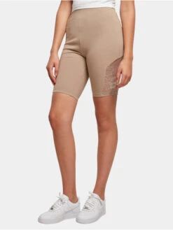 URBAN CLASSICS Damen Shorts Ladies High Waist Lace Inset Cycle In Beige