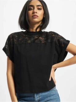 URBAN CLASSICS Damen T-Shirt Ladies Short Oversized Lace In Schwarz