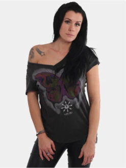 Damen T-Shirt Gradient Butterfly Dye V-Neck In Schwarz